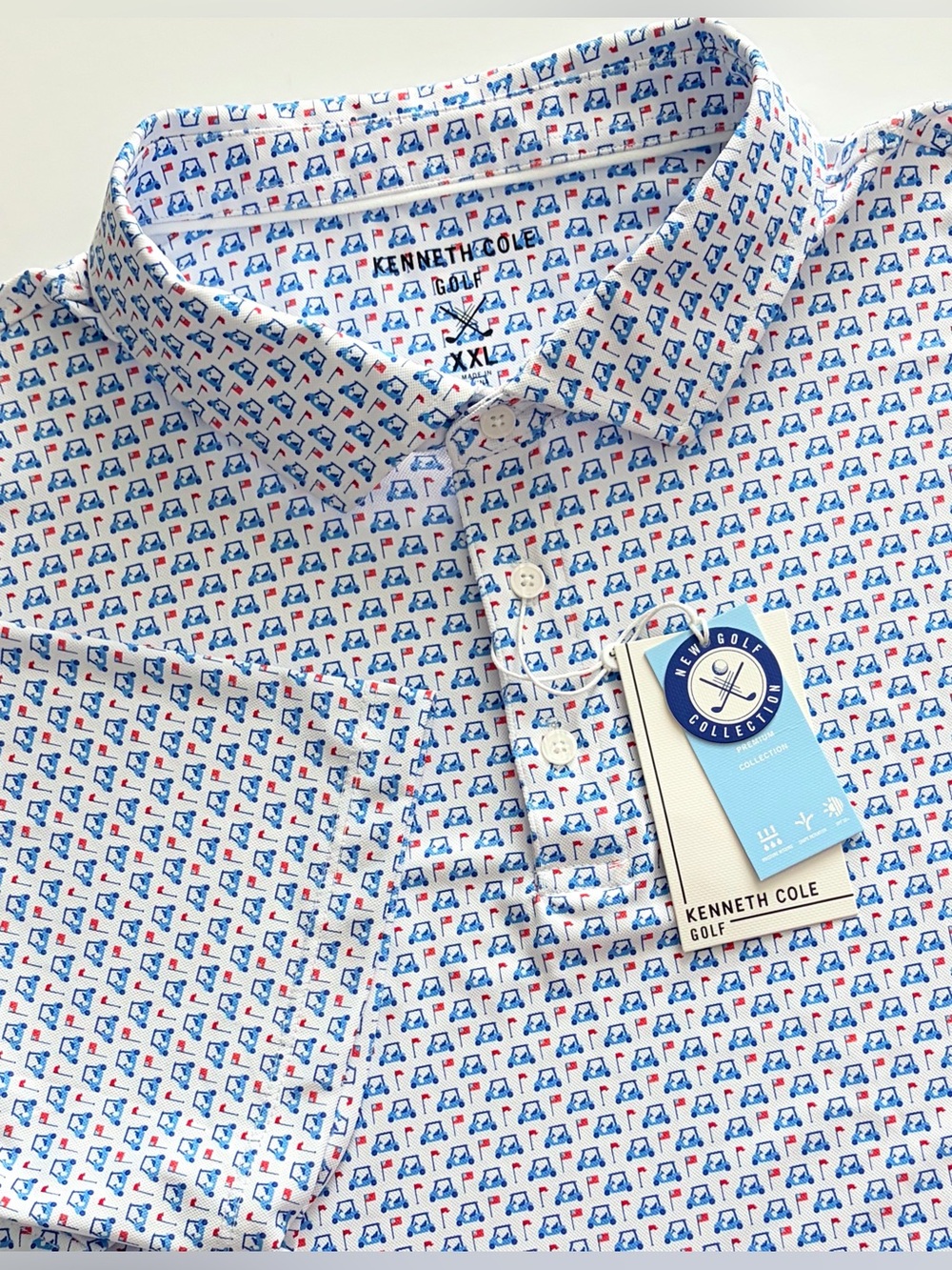 NEW Kenneth Cole Men’s Golf Polo Shirt XXL White Golf Cart Short Sleeve UPF 50+